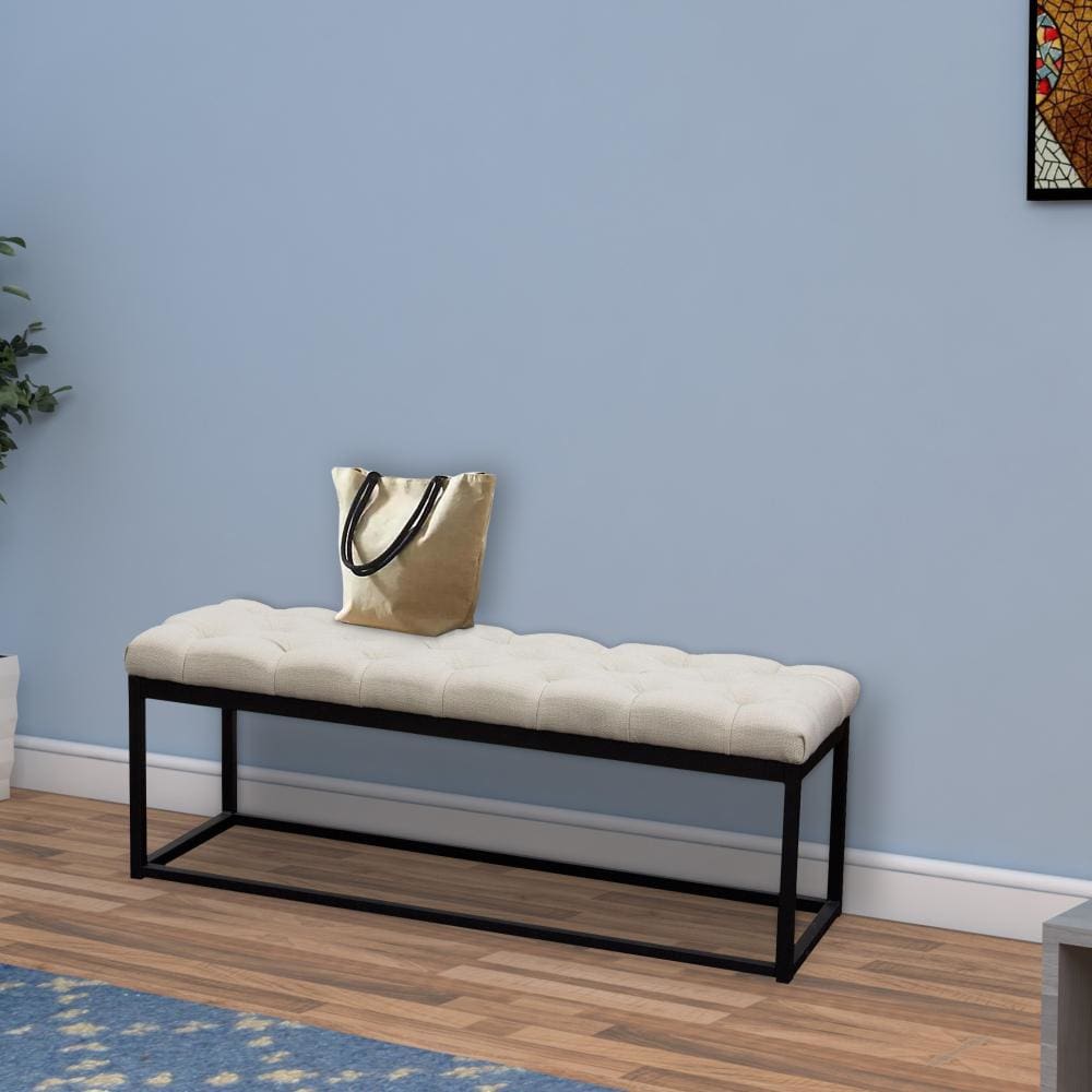 Linen Upholstered Metal Contemporary Bench with Diamond Tuft Details, Beige and Black - BM190997