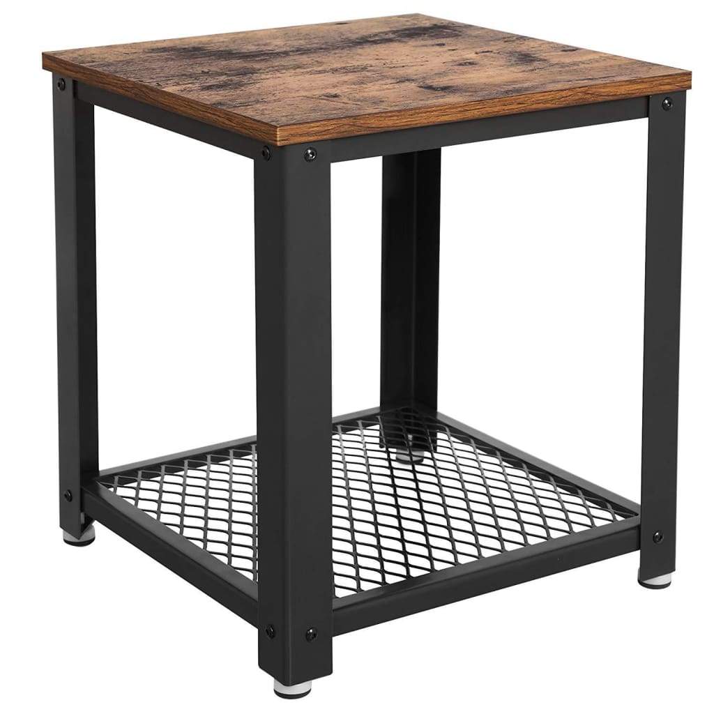 Metal Frame End Table with Wooden Top and Wide Mesh Bottom Shelf Brown and Black BM193916