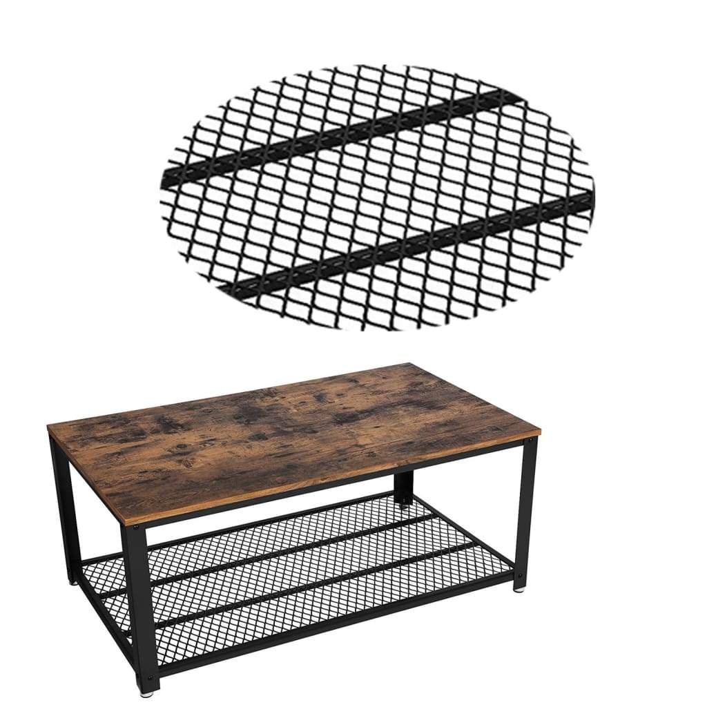 Metal Frame Coffee Table with Wooden Top and Mesh Bottom Shelf Brown and Black BM193917