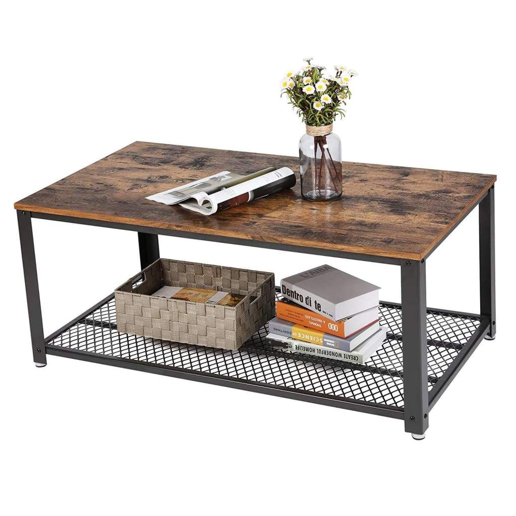 Metal Frame Coffee Table with Wooden Top and Mesh Bottom Shelf Brown and Black BM193917