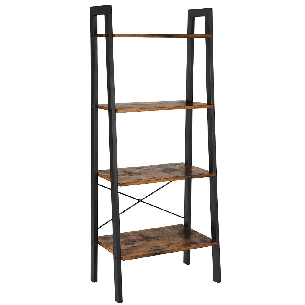 4 Tiered Rustic Wooden Ladder Shelf with Iron Framework Brown and Black By Casagear Home BM193923