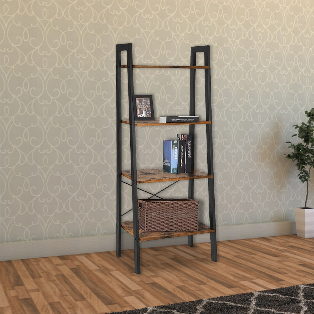 4 Tiered Rustic Wooden Ladder Shelf with Iron Framework Brown and Black By Casagear Home BM193923