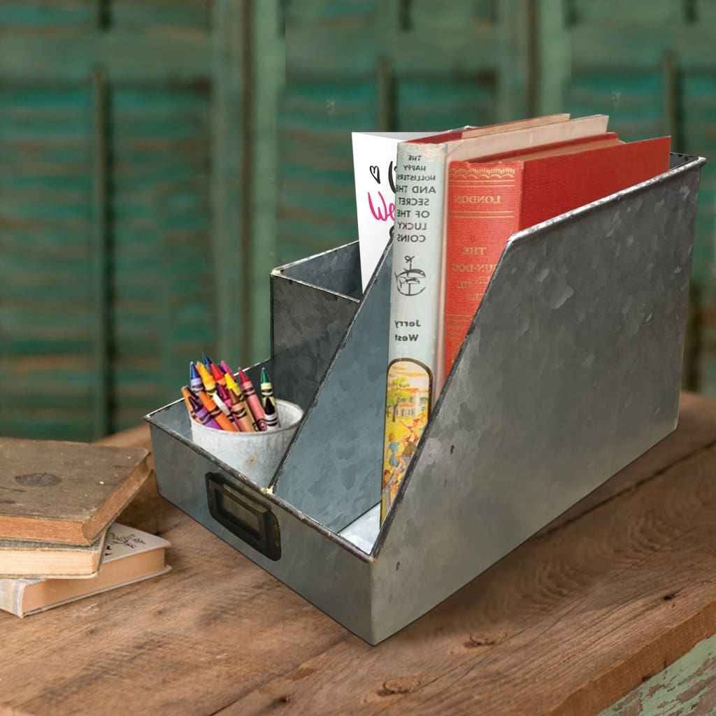 Decorative Multipurpose Metal Caddy with 4 Open compartment, Galvanized Gray