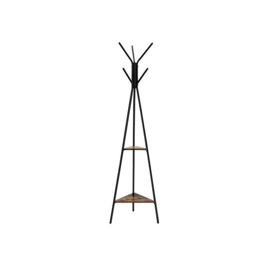 Iron Framed Coat Rack Stand with Six Hooks and Two Wooden Shelf, Black and Brown - BM195833 By Casagear Home