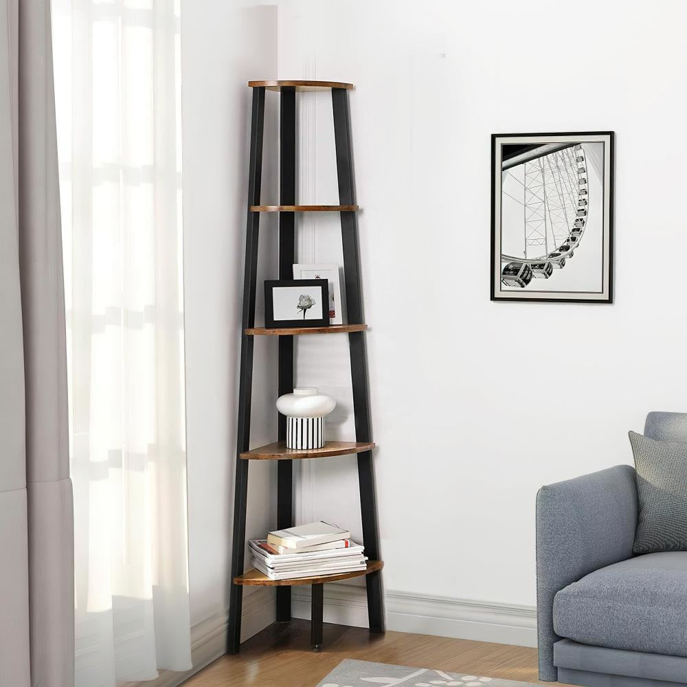 63 Inch Industrial Five Tier Wood Corner Shelf Iron Frame Rustic Brown Black By Casagear Home BM195835