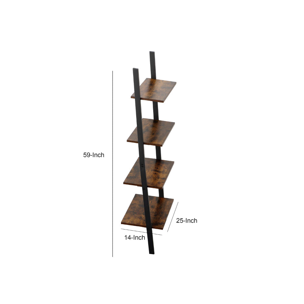 Rustic Ladder Style Iron Bookcase with Four Wooden Shelves Brown and Black - BM195857 By Casagear Home BM195857