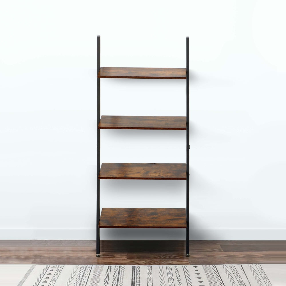 Rustic Ladder Style Iron Bookcase with Four Wooden Shelves Brown and Black - BM195857 By Casagear Home BM195857