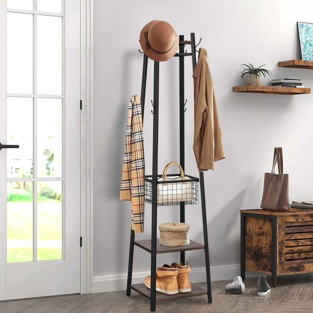 71 Industrial Metal Frame Coat Rack 3 Wood Shelves Rustic Brown Black By Casagear Home BM195867