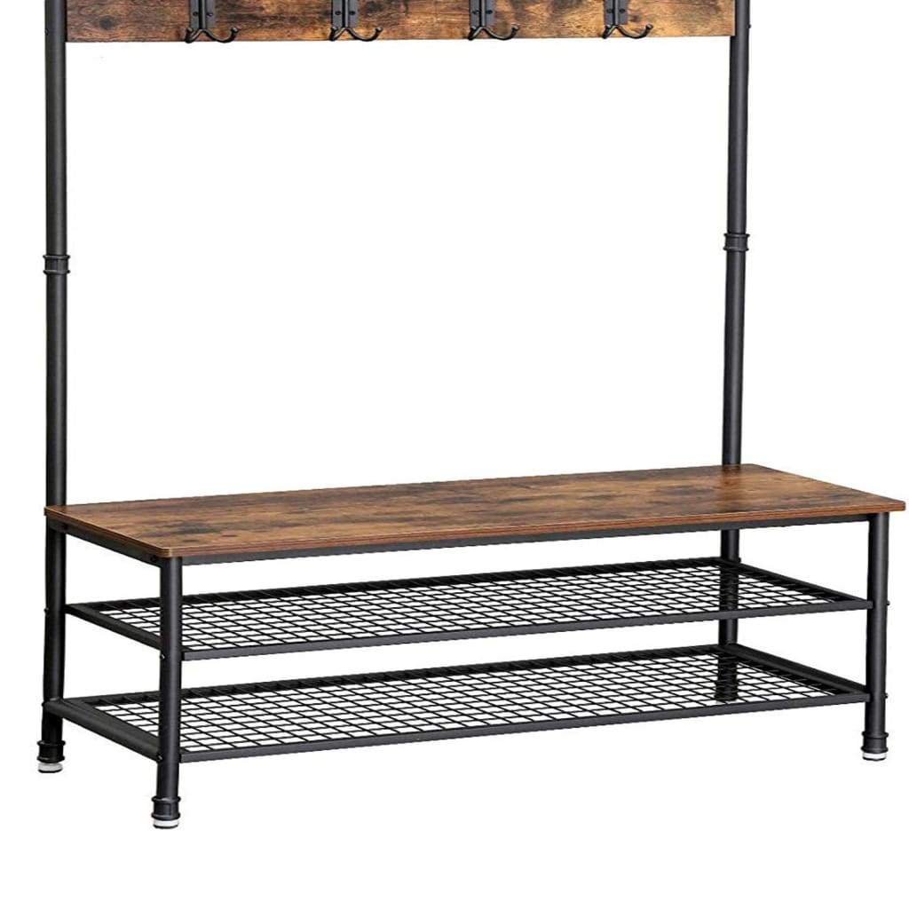 Metal Coat Rack with Wooden Bench and Two Wire Meshed Shelves Brown and Black - BM195871 BM195871