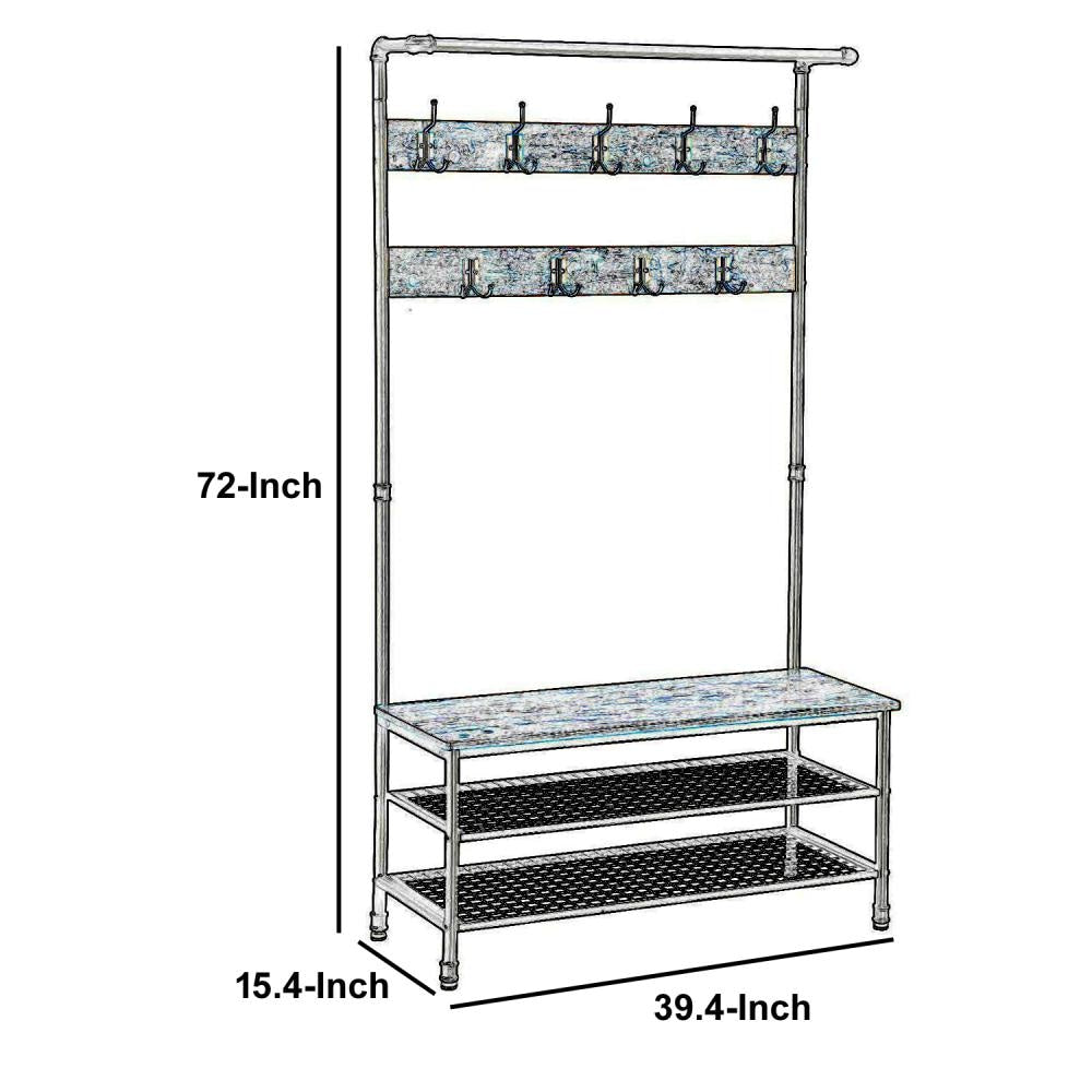 72 Inch Industrial Metal Coat Rack Wood Bench Two Wire Mesh Shelves Rustic Brown Black By Casagear Home BM195871