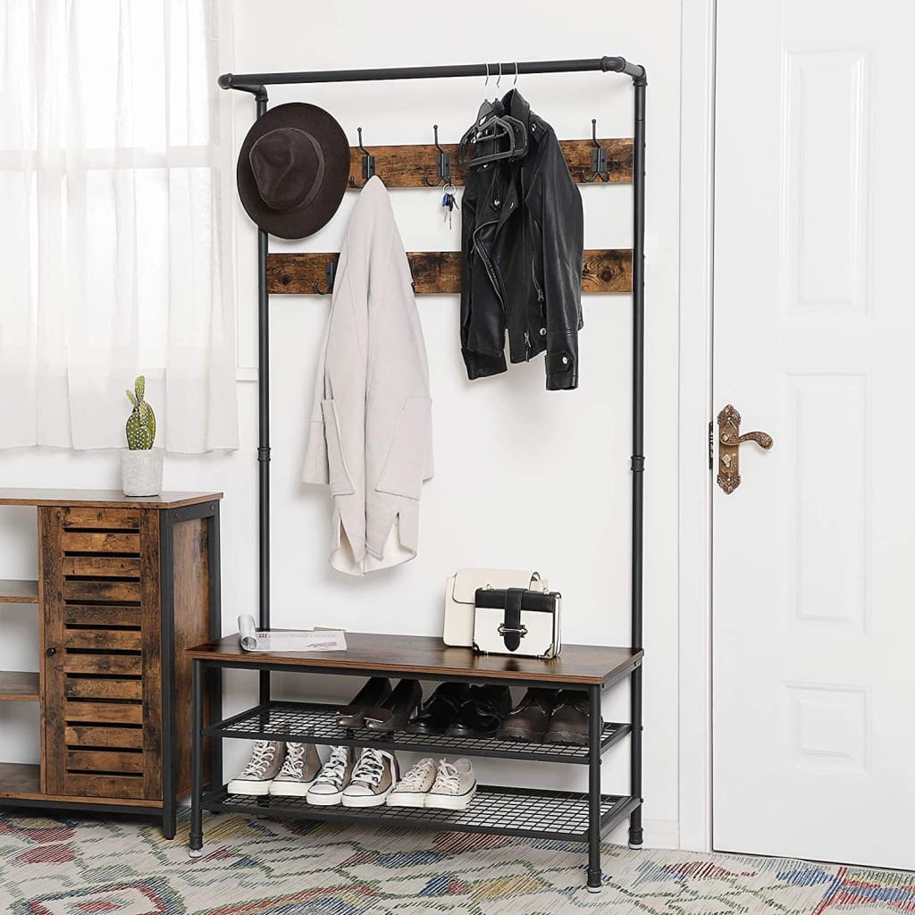 Metal Coat Rack with Wooden Bench and Two Wire Meshed Shelves, Brown and Black - BM195871 By Casagear Home