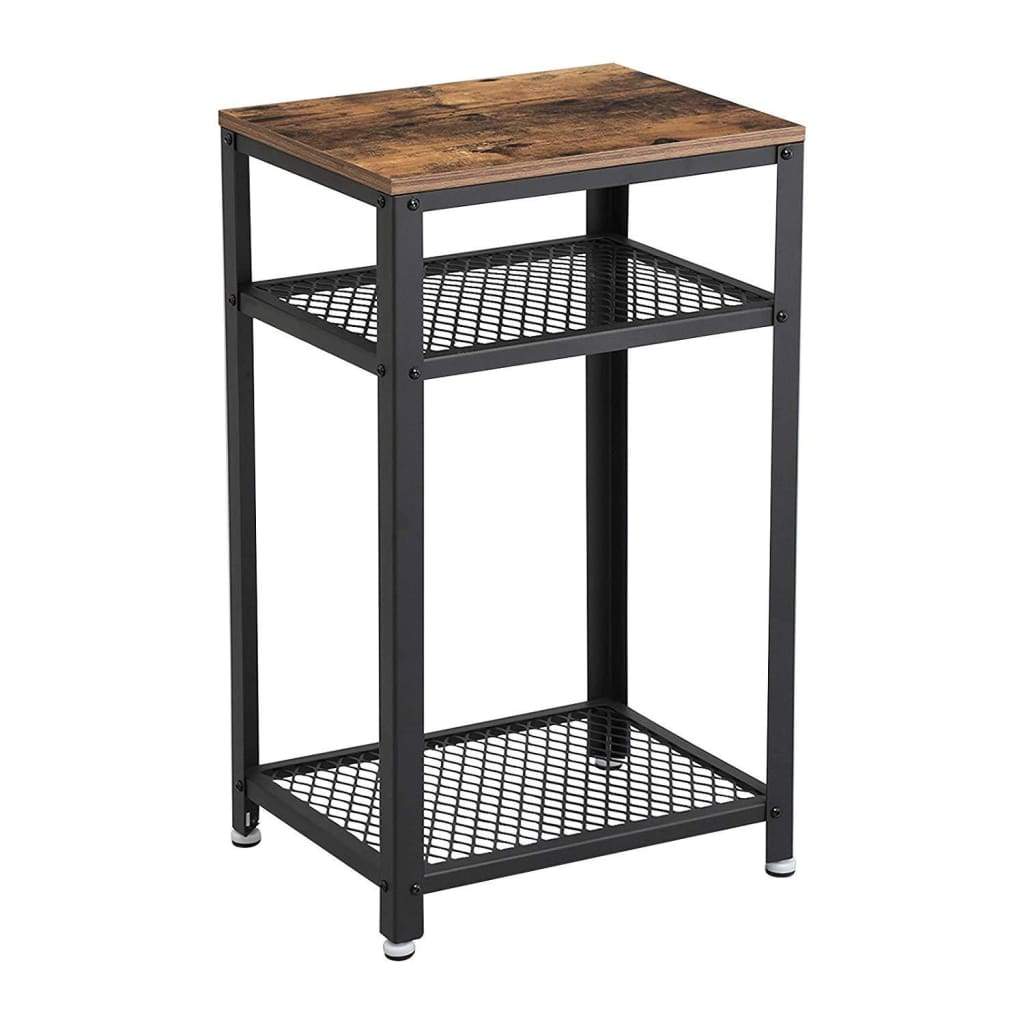 Industrial Style Iron and Wood Side Table with Two Tier Mesh Shelves, Black and Brown - BM195880 By Casagear Home