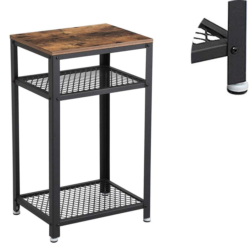 Industrial Style Iron and Wood Side Table with Two Tier Mesh Shelves Black and Brown - BM195880 BM195880