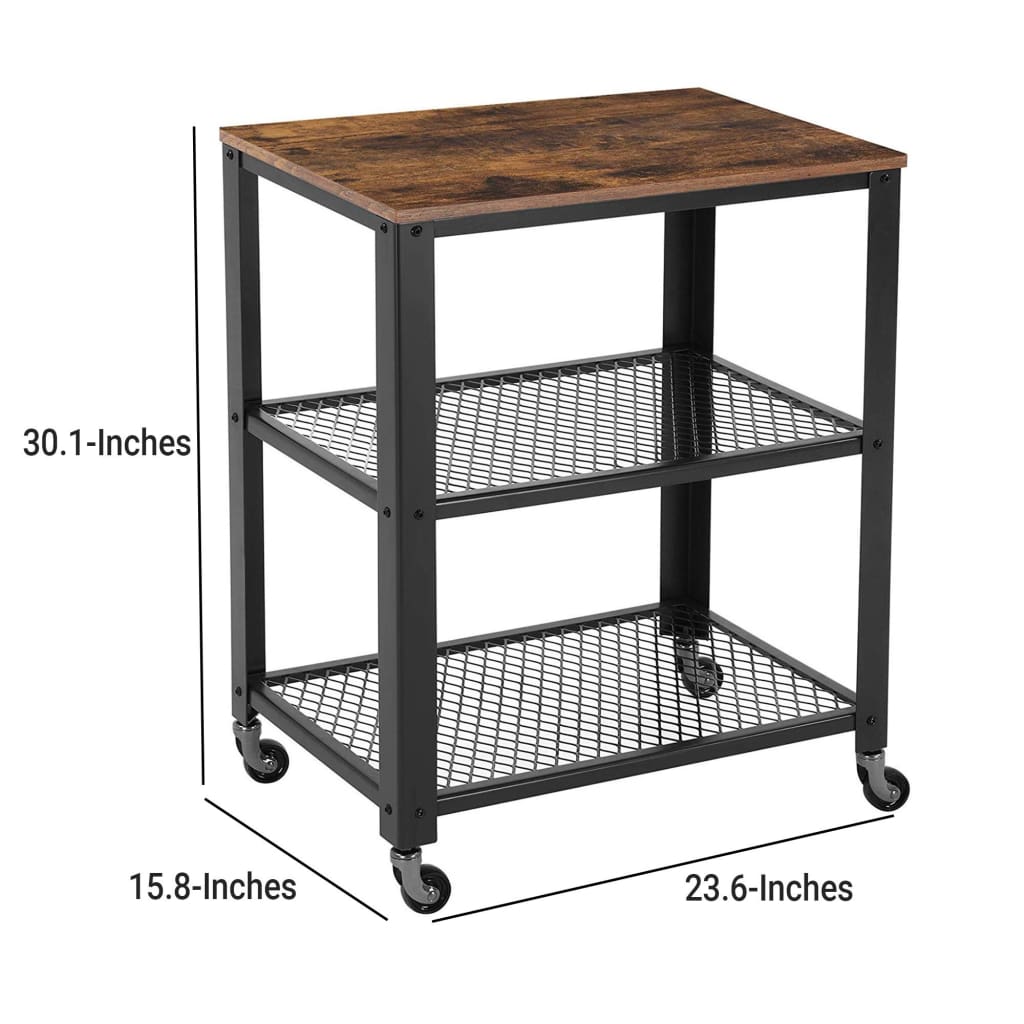 3 Tier Wooden Serving Cart with 2 Mesh Design Shelves Black and Brown BM197496