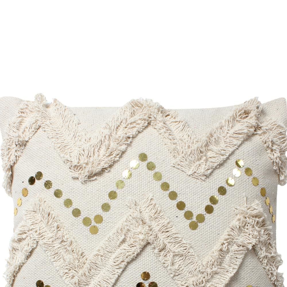 18 x 18 Square Polycotton Handwoven Accent Throw Pillow Fringed Sequins Chevron Design Off White By The Urban Port BM200556