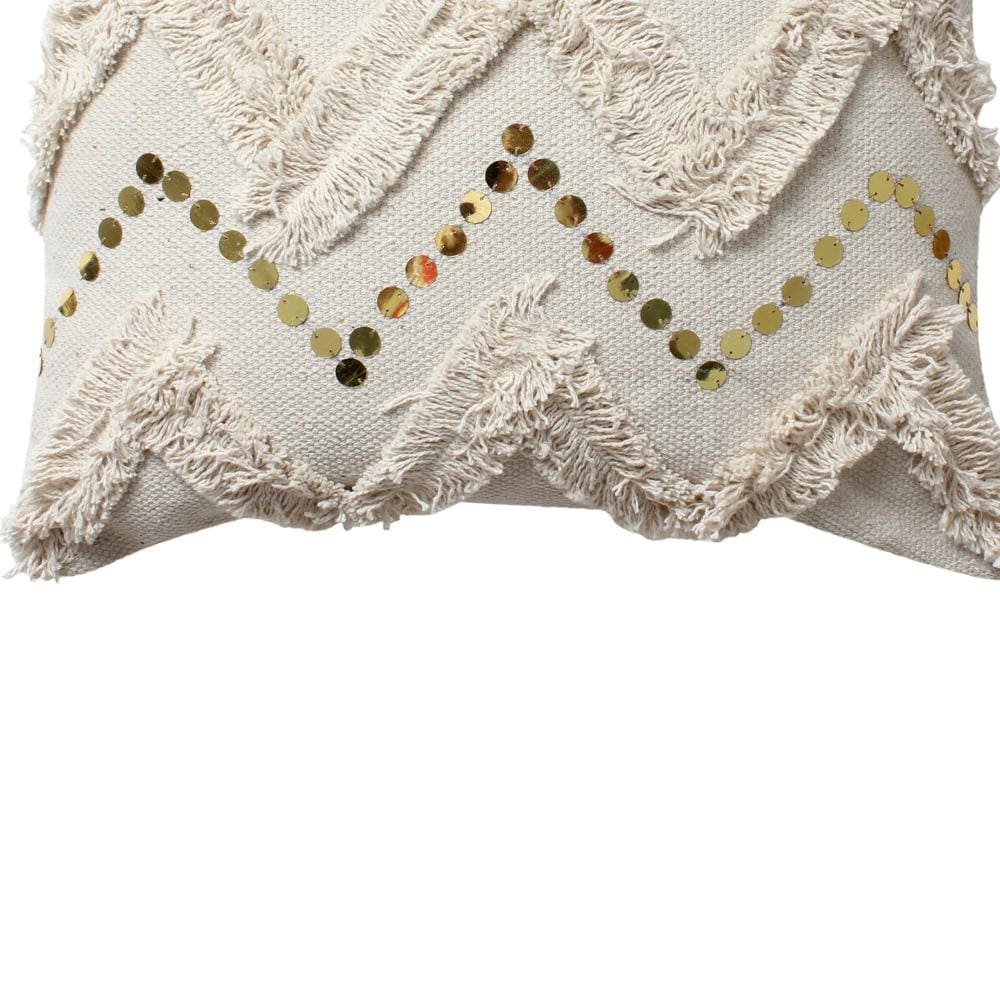 18 x 18 Square Polycotton Handwoven Accent Throw Pillow Fringed Sequins Chevron Design Off White By The Urban Port BM200556