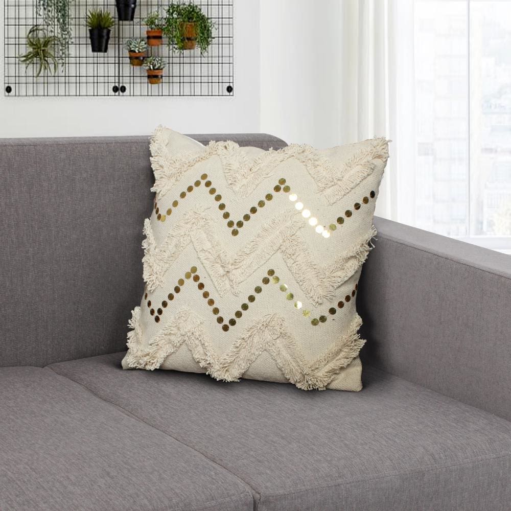 18 x 18 Square Polycotton Handwoven Accent Throw Pillow Fringed Sequins Chevron Design Off White By The Urban Port BM200556