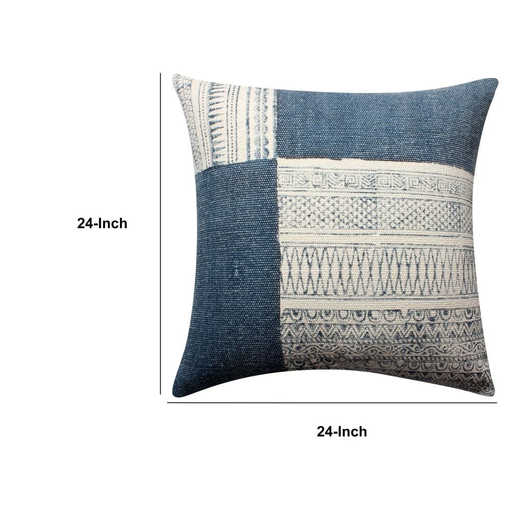 Dae 24 x 24 Square Handwoven Cotton Accent Throw Pillow Classic Simple Kilim Pattern Blue Off White By The Urban Port BM200561