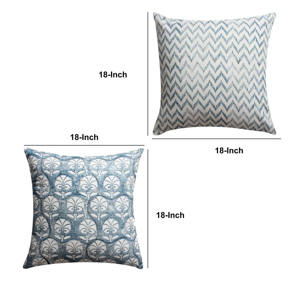 18 x 18 Square Cotton Accent Throw Pillow Floral and Chevron Patterns Set of 2 White Blue By The Urban Port BM200566