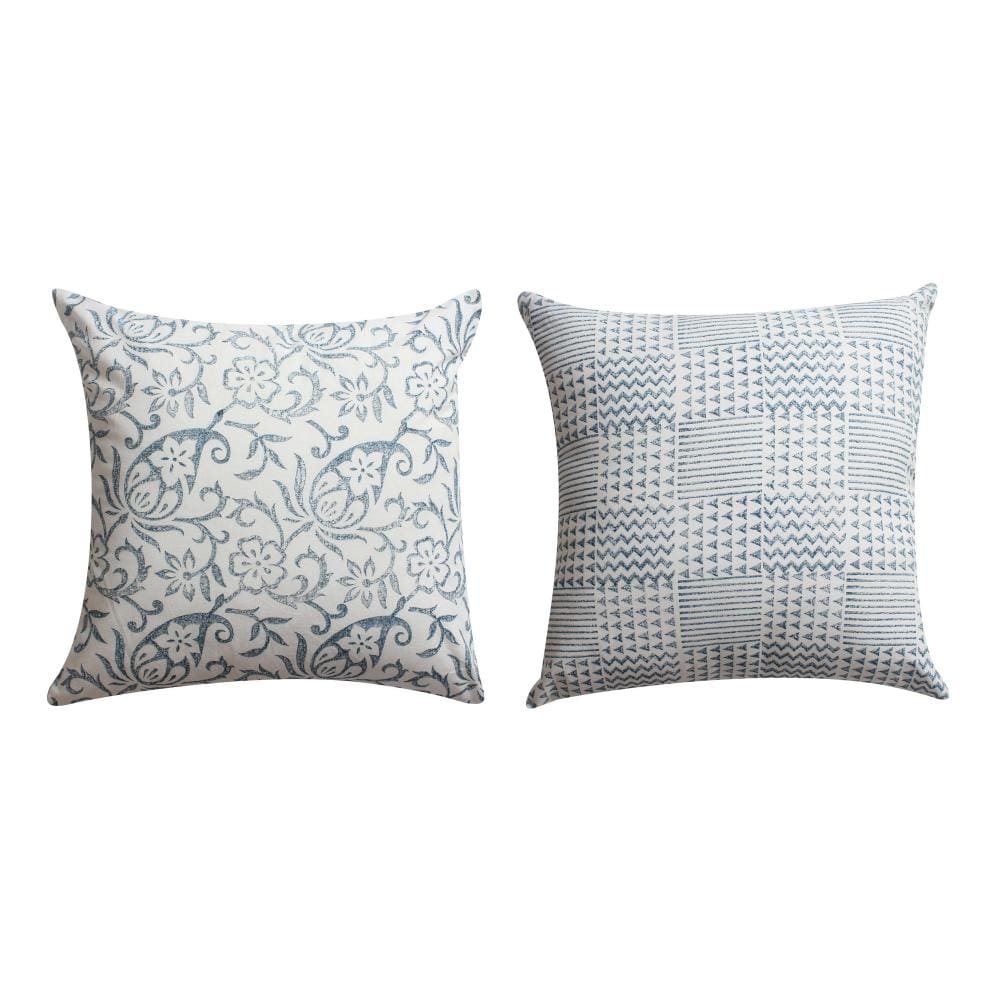 18 x 18 Square Cotton Accent Throw Pillow Paisley Floral and Square Patterns Set of 2 White Blue By The Urban Port BM200567