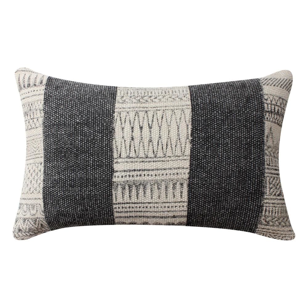 12 x 20 Rectangular Soft Cotton Dhurrie Accent Lumbar Throw Pillow Kilim Pattern Gray White By The Urban Port BM200576