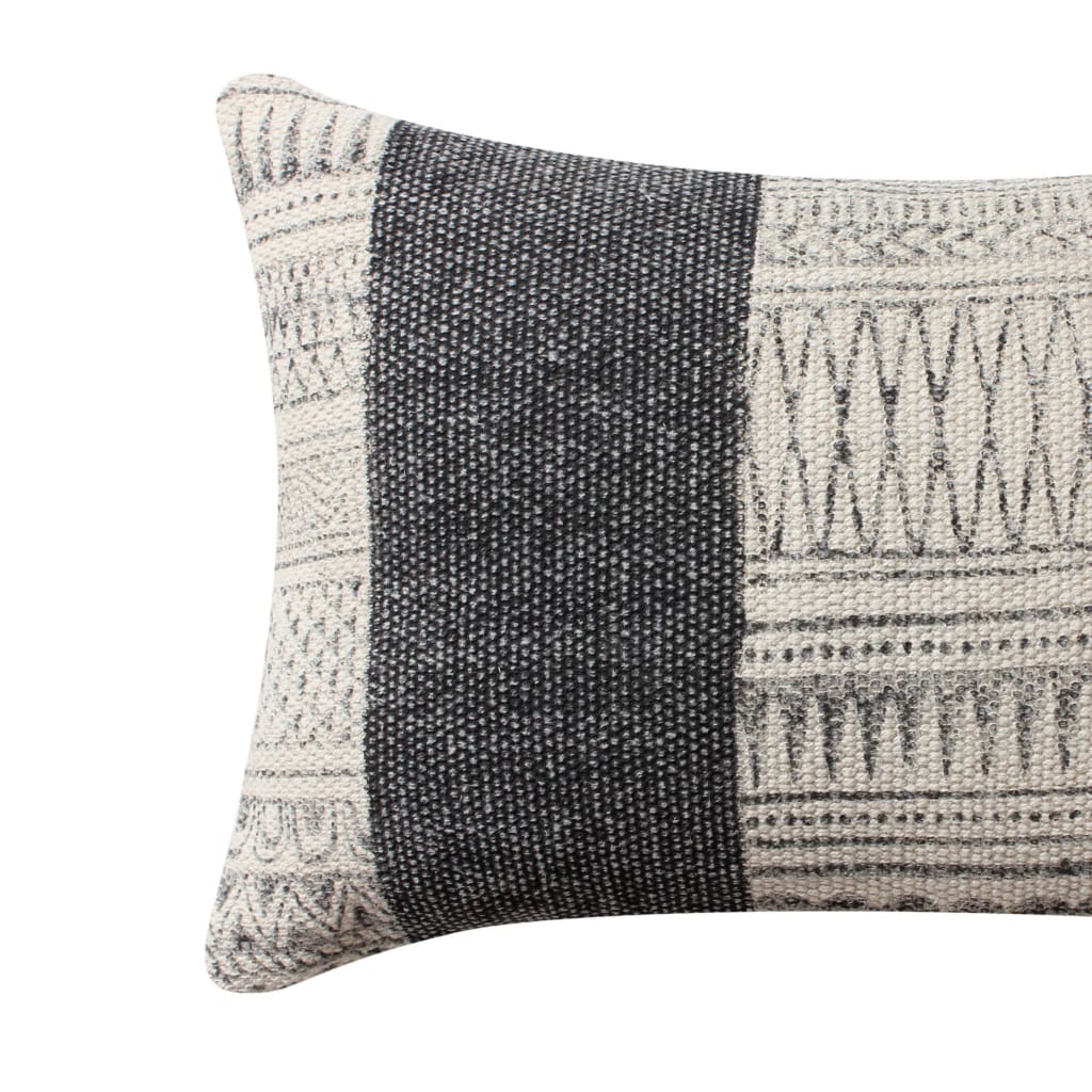 12 x 20 Rectangular Soft Cotton Dhurrie Accent Lumbar Throw Pillow Kilim Pattern Gray White By The Urban Port BM200576