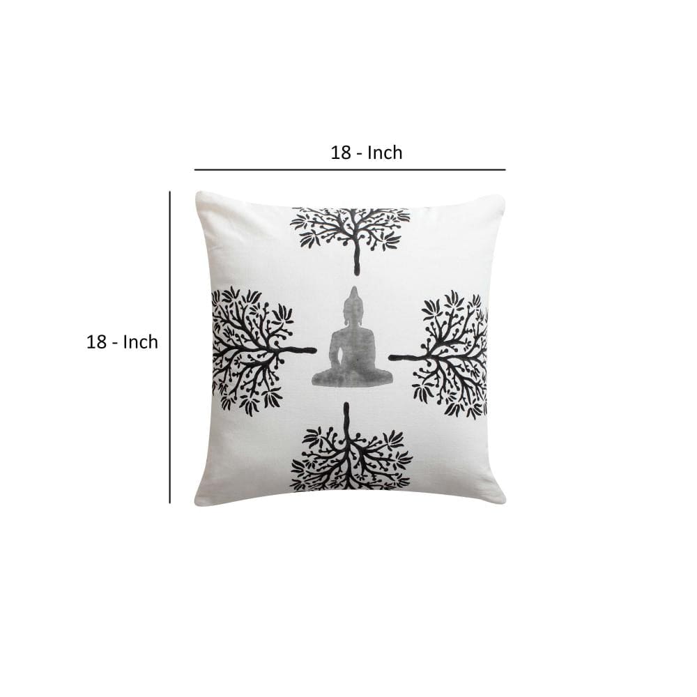 18 x 18 Square Cotton Accent Throw Pillow Meditating Buddha Tree Print White Black By The Urban Port BM200577