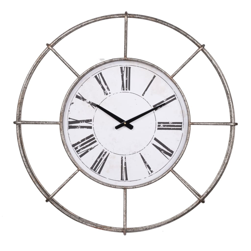 Metal Wall Clock with Circle Dial and Roman Numbers, Silver and White - BM200639 By Casagear Home