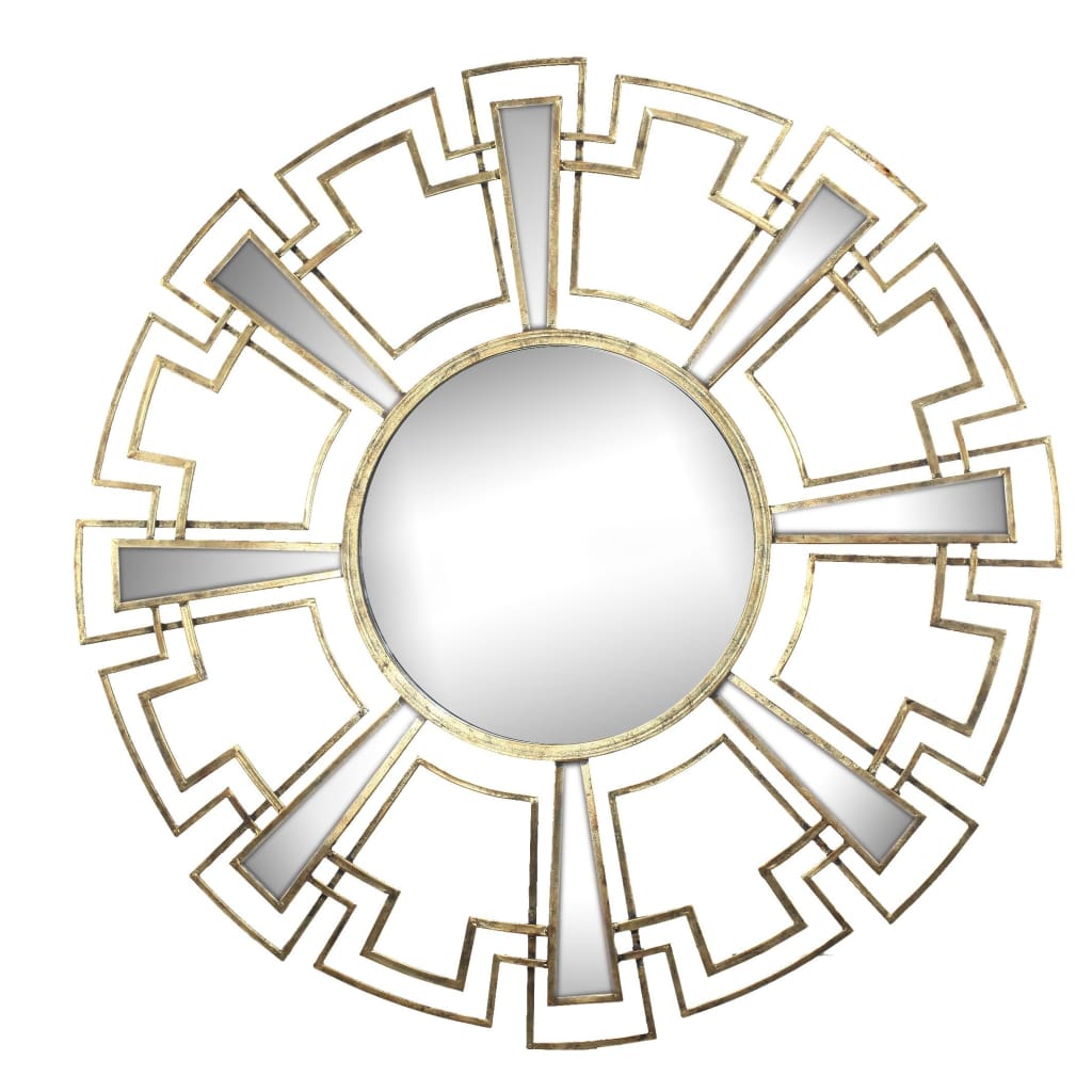 Round Sunburst Wall Mirror with Geometric Design Metal Frame, Gold - BM200654 By Casagear Home