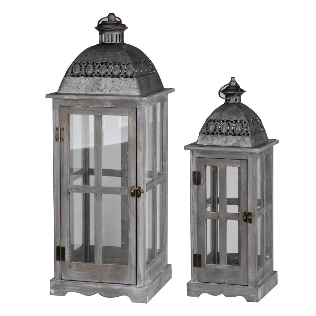 Wood and Metal Lanterns with Glass Window Pane Design, Gray, Set of 2 - BM200911 By Casagear Home