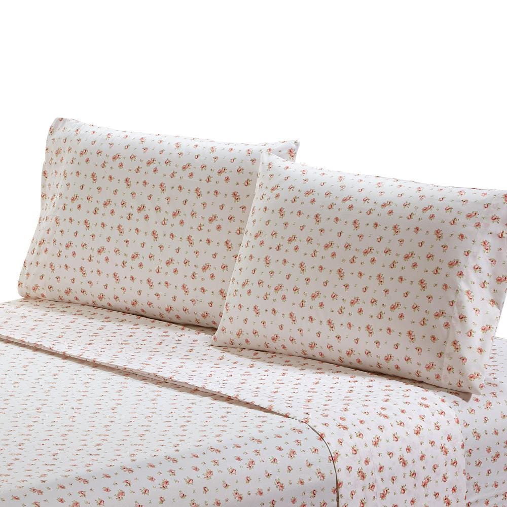 Melun 4 Piece Full Size Sheet Set with Rose Sketch By Casagear Home Pink and White BM202113