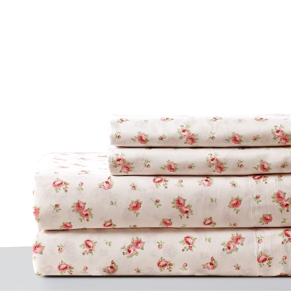 Melun 4 Piece Rose Pattern King Size Sheet Set By Casagear Home Pink and White BM202209