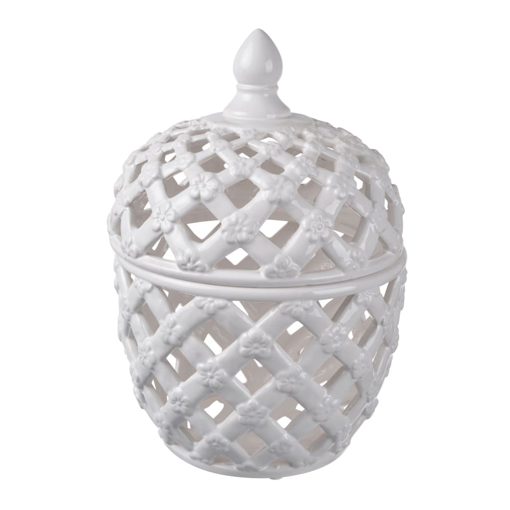 Decorative Ceramic Lidded Jar with Cut Out Texture, Large, White - BM202237 By Casagear Home