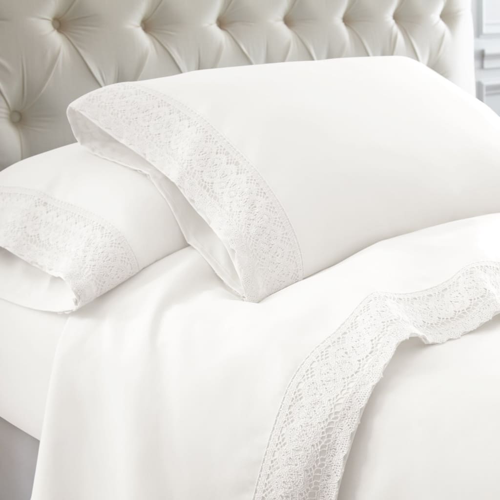 Udine 4 Piece King Size Microfiber Sheet Set with Crochet Lace By Casagear Home, White