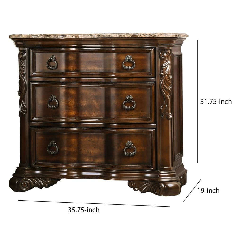 3 Drawer Wooden Nightstand with Marble Top and Scrolled Legs Brown - BM203261 BM203261