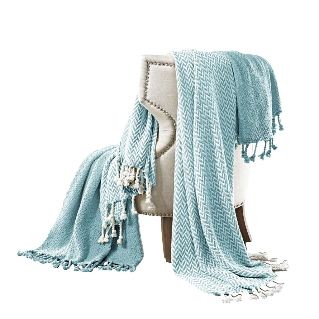 Montgeron Herringbone Cotton Throw, Set of 2, Aqua Blue and White By Casagear Home