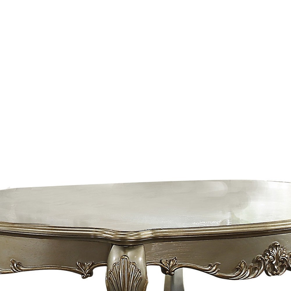 Handcrafted Wooden Coffee Table with Engravings,Antique White and Gold By Casagear Home BM204465