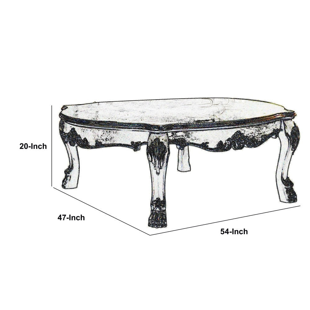 Handcrafted Wooden Coffee Table with Engravings,Antique White and Gold By Casagear Home BM204465