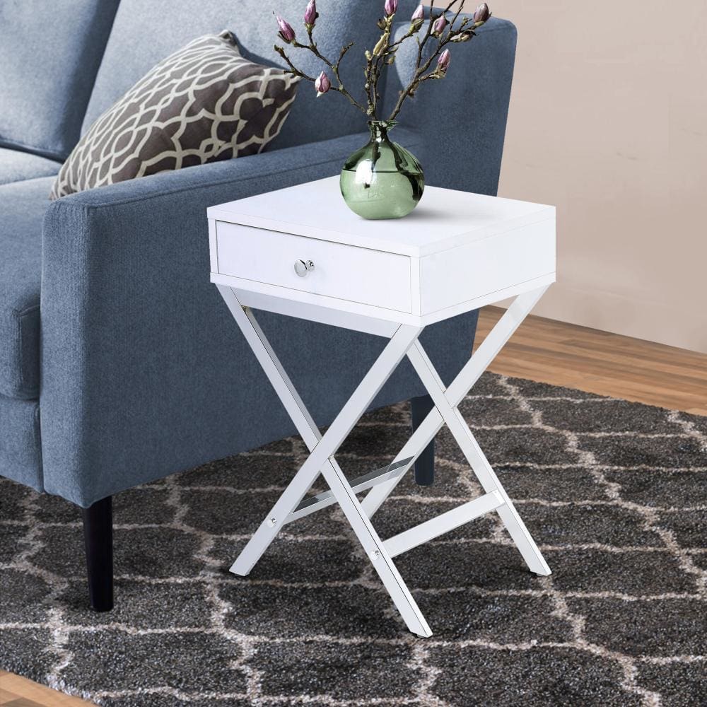 Wood and Metal Side Table with Crossed Base, White and Silver - BM204493 By Casagear Home