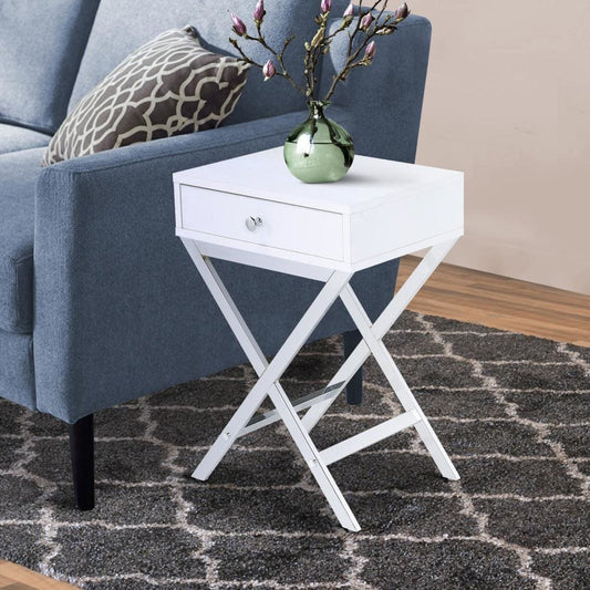 Wood and Metal Side Table with Crossed Base, White and Silver - BM204493 By Casagear Home