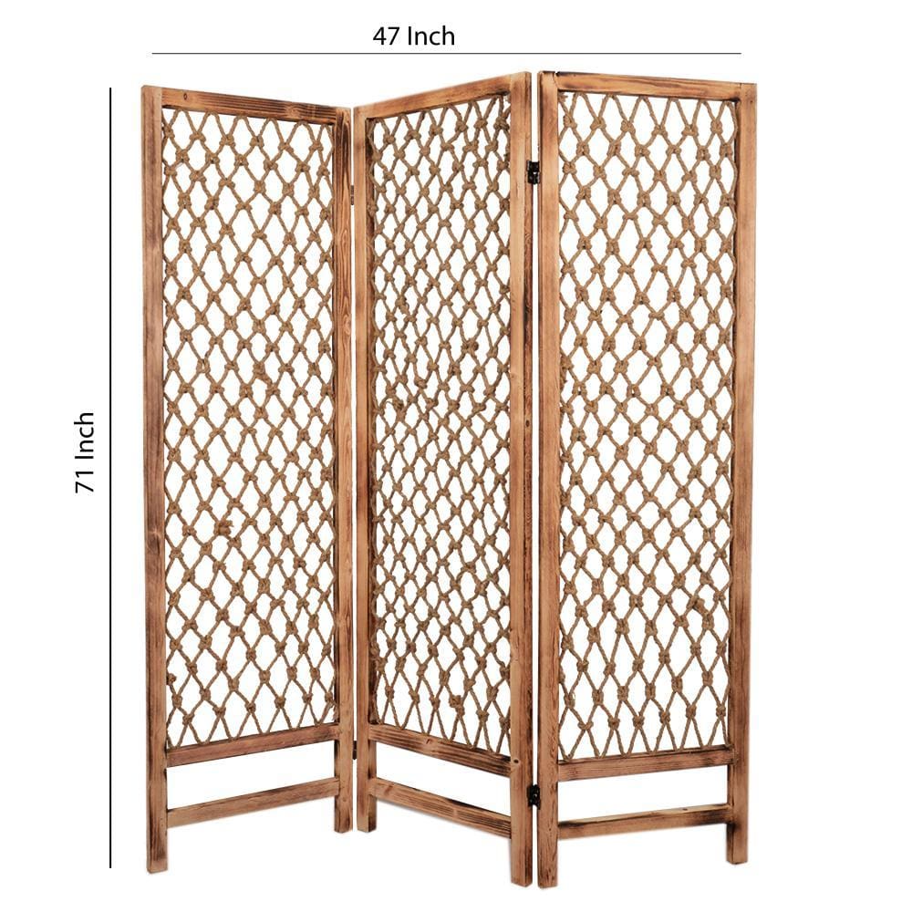 3 Panel Traditional Foldable Screen with Rope Knot Design Brown - BM205389 By Casagear Home BM205389