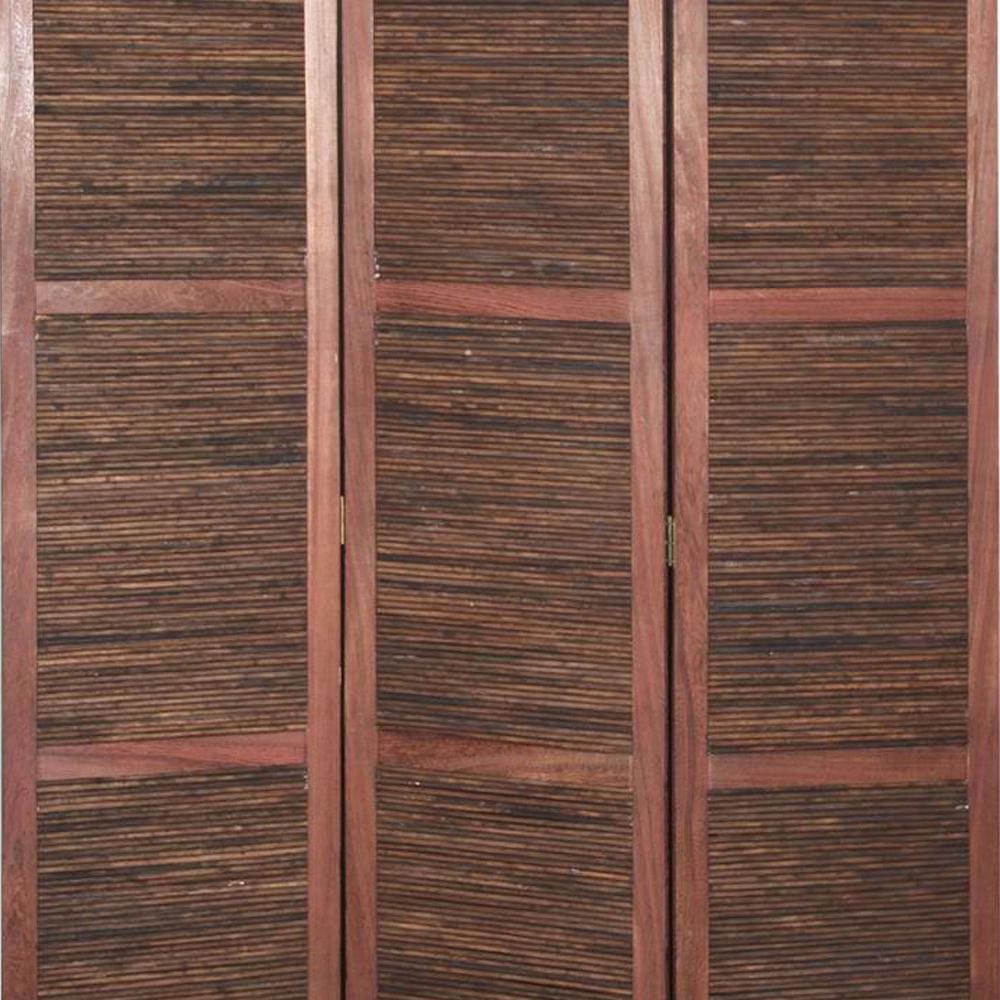 Wooden 3 Panel Room Divider with Horizontal Bamboo Stripes Dark Brown - BM205783 By Casagear Home BM205783