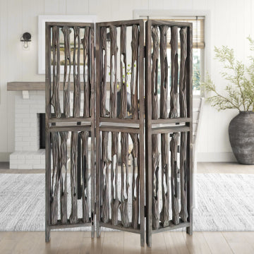 Contemporary 3 Panel Wooden Screen with Log Design, Brown - BM205884 By Casagear Home