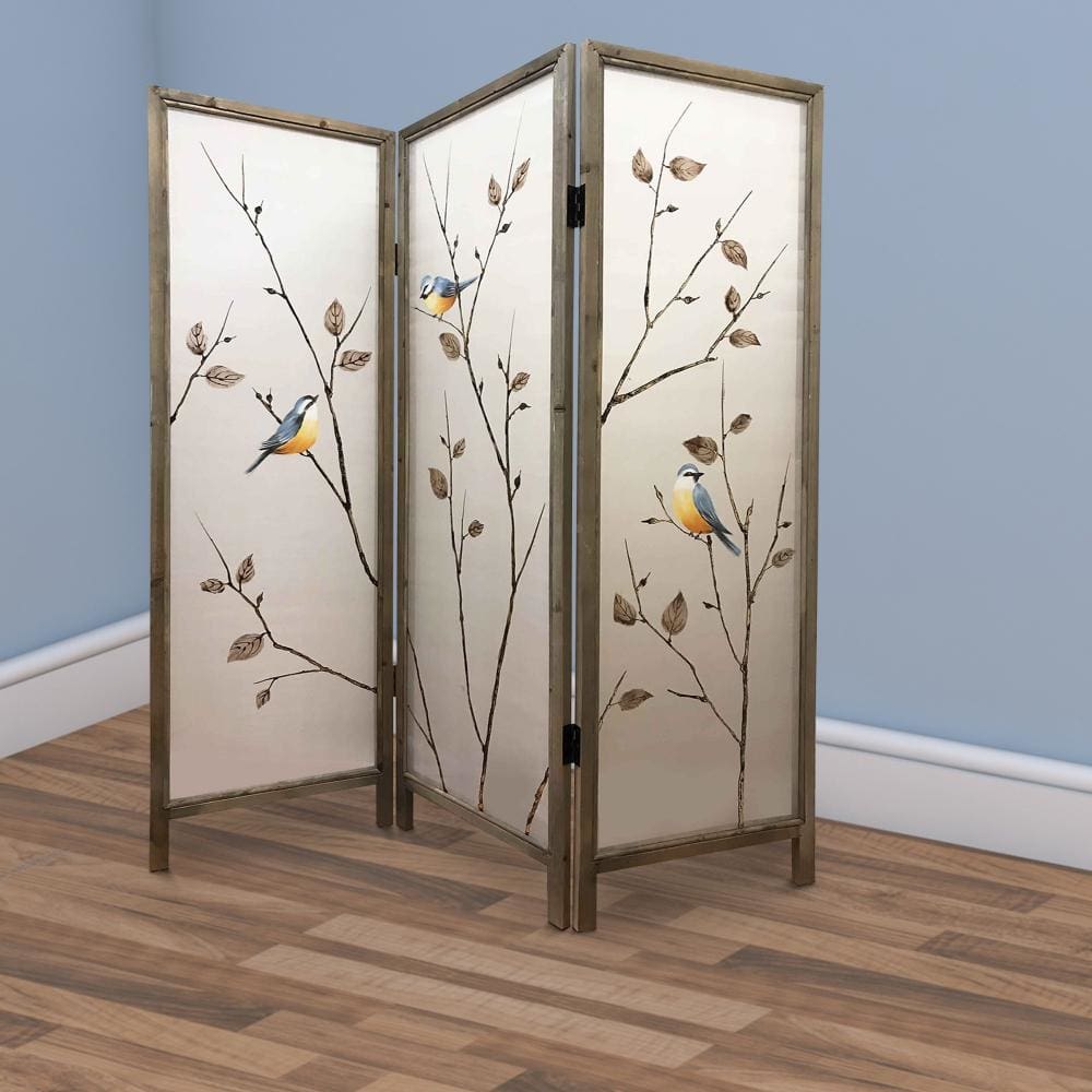 Art Styled 3 Panel Wooden Screen with Hand painted Fabric Design, Beige - BM205893 By Casagear Home