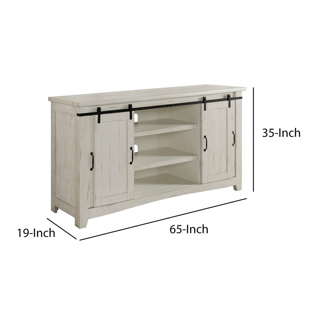 65 Inch Wooden TV Stand with 2 Open Shelves Antique White and Black By Casagear Home BM205998