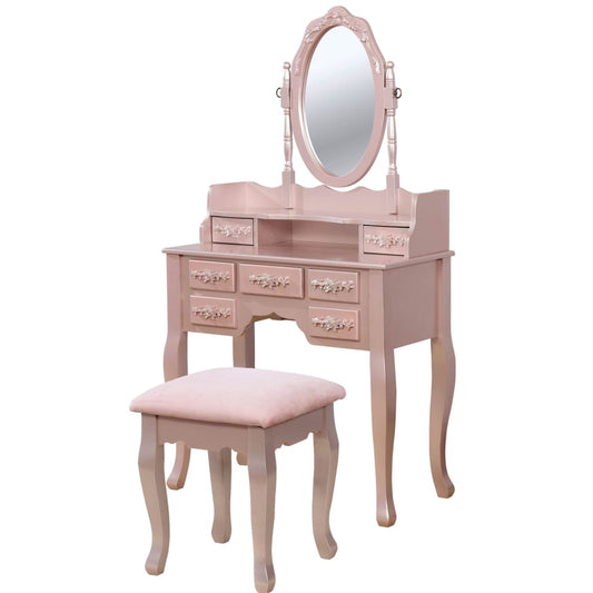 7 Drawers Cabriole Legs Vanity Set with Stool, Rose Gold By Casagear Home