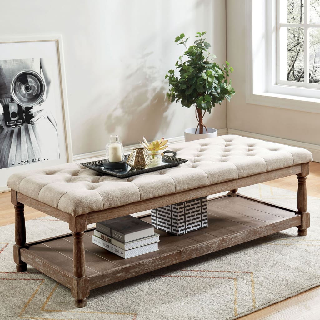 48" Tufted Upholstered Bench with Bottom Shelf, Beige and Brown By Casagear Home