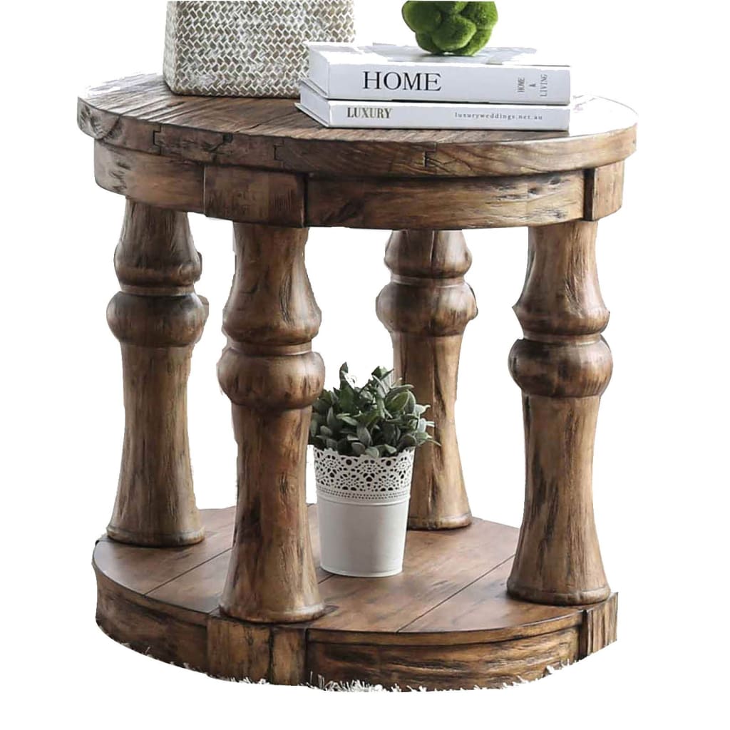 25" Round 4 Post End Table with Bottom Shelf, Brown By Casagear Home