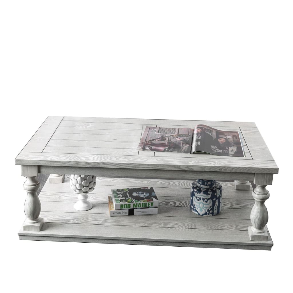 52" 4-Post Coffee Table with Bottom Shelf, White By Casagear Home