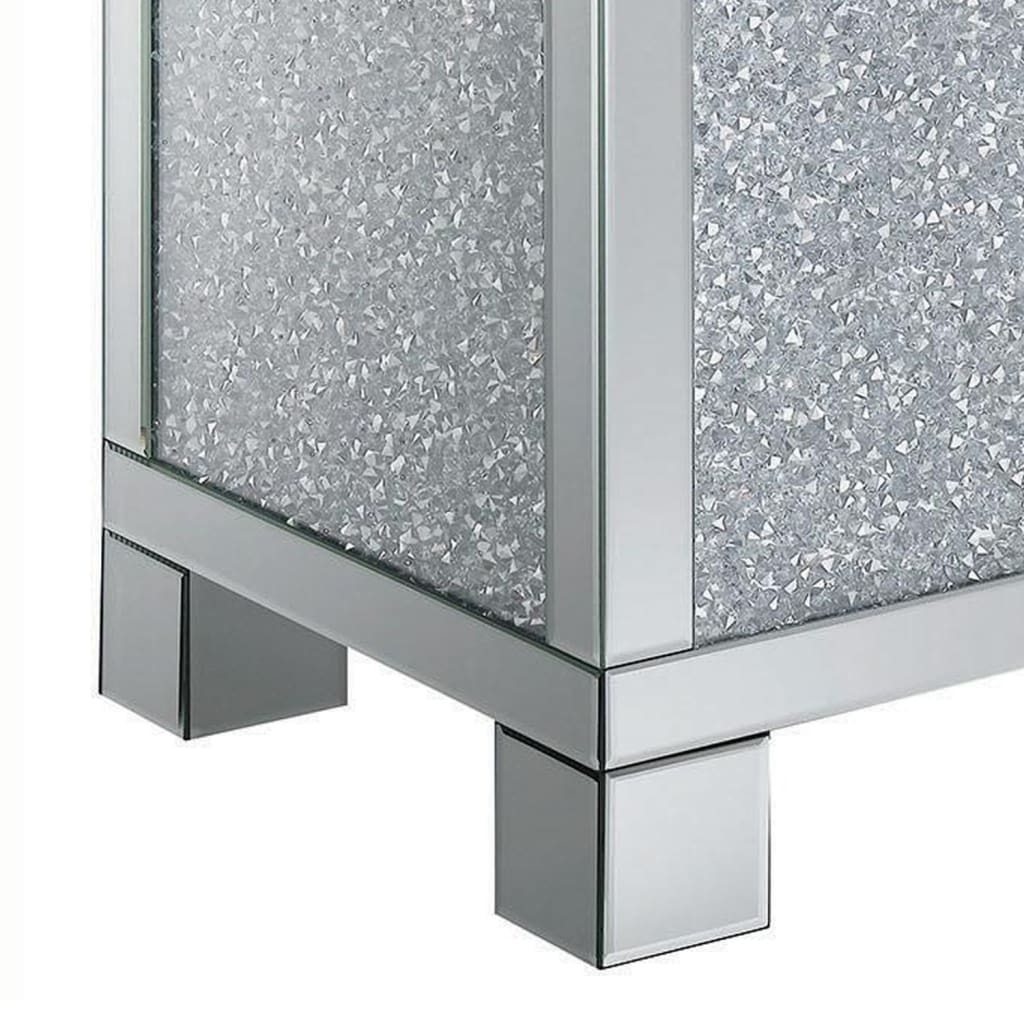 Wooden End Table with Infused Crystals on Mirrored Panel Silver and Clear - BM208170 By Casagear Home BM208170